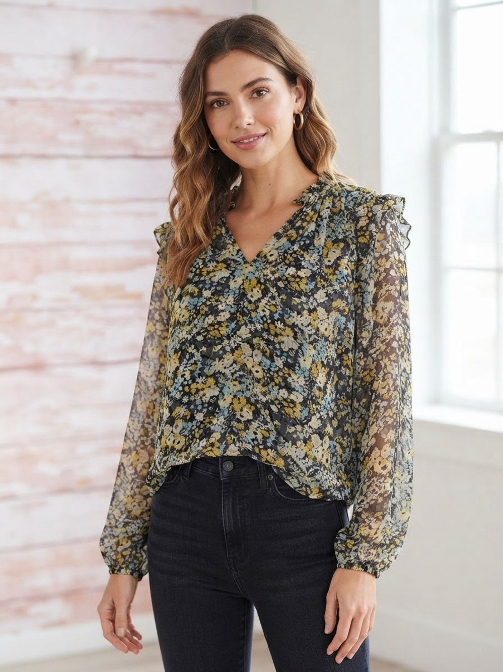 LOFT Floral Long Sleeve Smocked Blouse